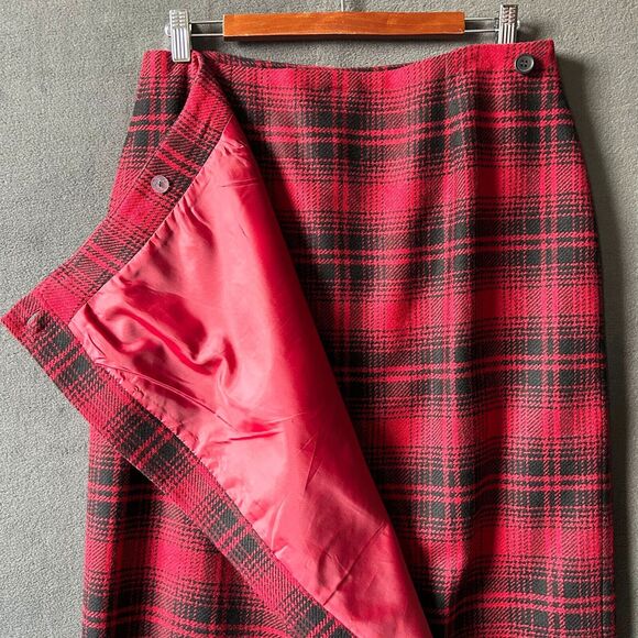 Talbots Buffalo Plaid Wool Blanket Long Wrap Skirt Red Black -Women's Size 14 - Picture 3 of 9